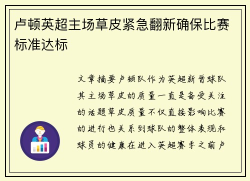 卢顿英超主场草皮紧急翻新确保比赛标准达标