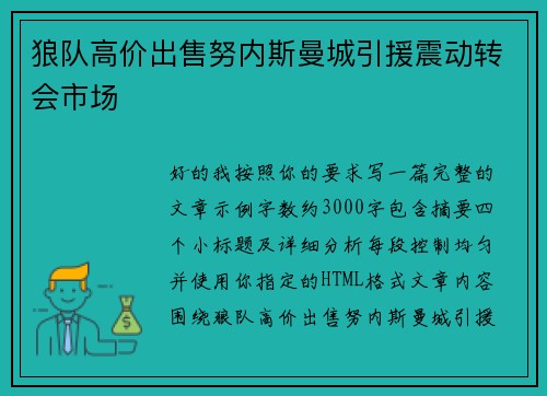 狼队高价出售努内斯曼城引援震动转会市场