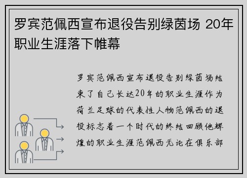 罗宾范佩西宣布退役告别绿茵场 20年职业生涯落下帷幕