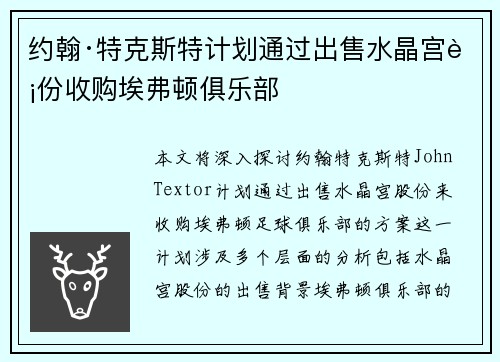 约翰·特克斯特计划通过出售水晶宫股份收购埃弗顿俱乐部